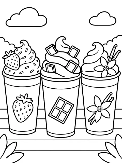 Three cups in three flavors coloring page