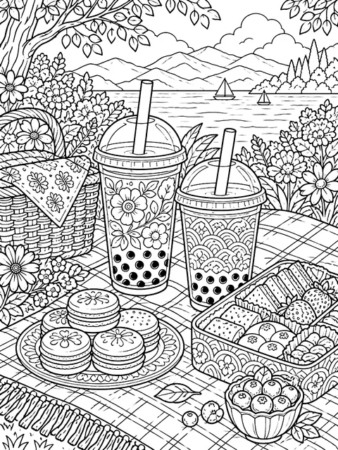 Detailed Boba and snacks on a picnic blanket coloring page