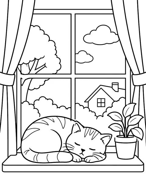 Window with a sleeping cat coloring page