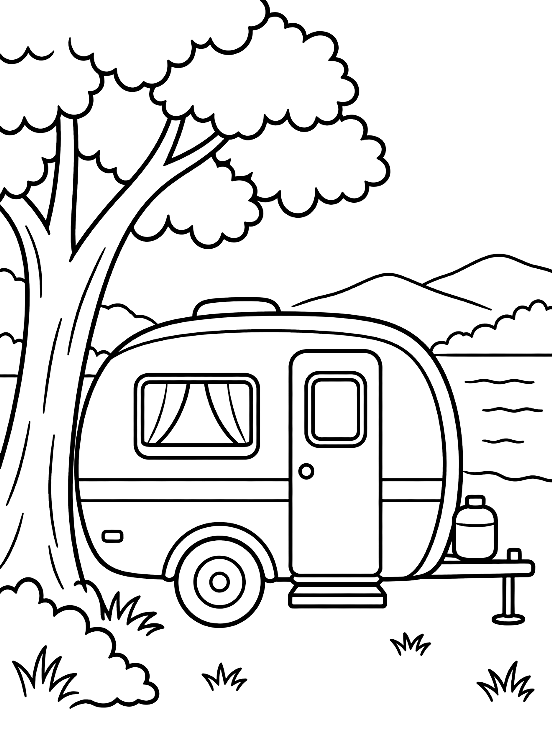 Camper trailer by a tree coloring page