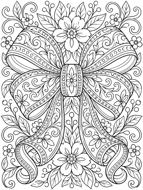 Detailed Layered bow with four loops and curled tails coloring page