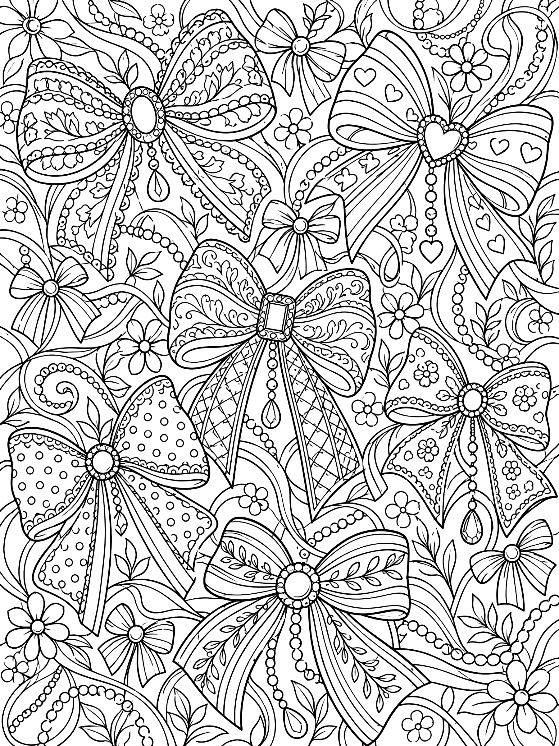 Detailed Pattern page of bows coloring page
