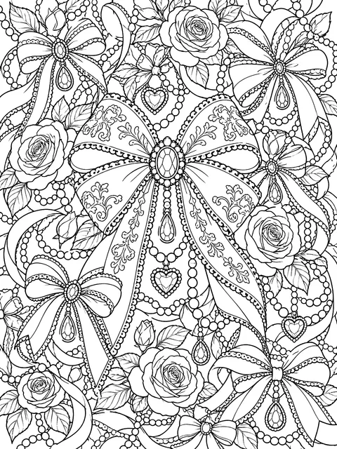 Detailed Collage of coquette bows, pearls and roses coloring page