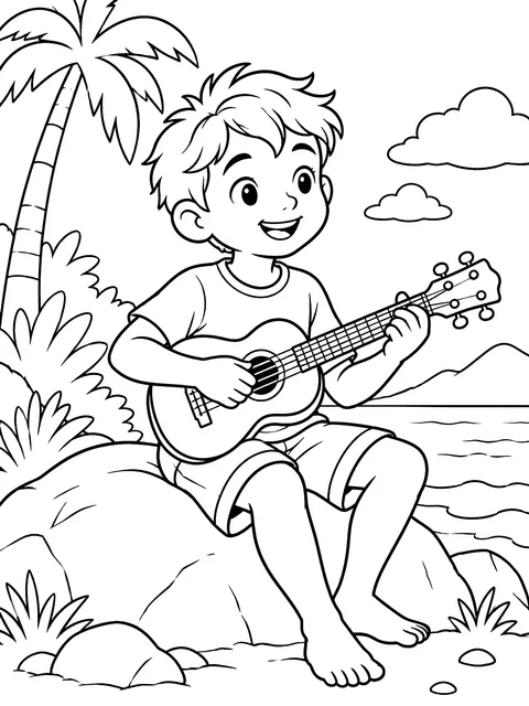 Boy playing a ukulele coloring page