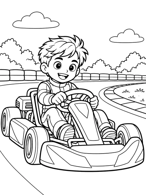 Boy driving a go-kart coloring page