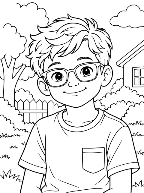 Portrait of a boy with glasses coloring page