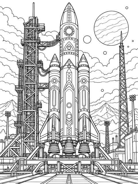 Detailed Rocket on the launch pad coloring page