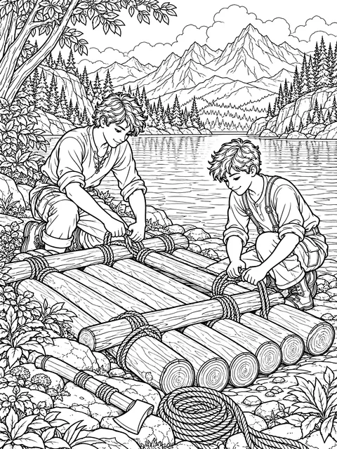 Detailed Brothers building a raft coloring page