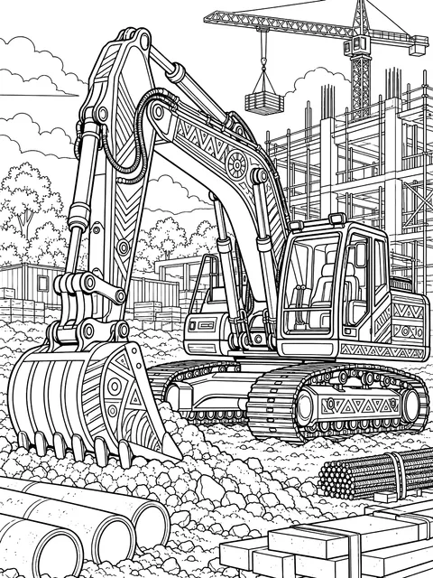 Detailed Excavator at a building site coloring page
