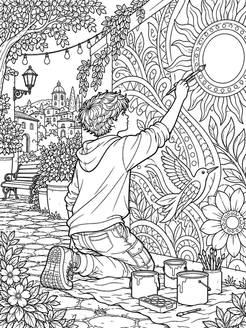 Detailed Boy painting a mural coloring page