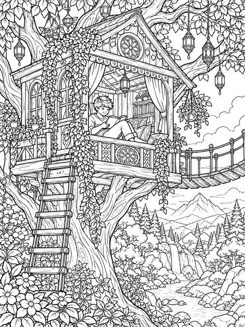 Detailed Tree house with a boy reading coloring page