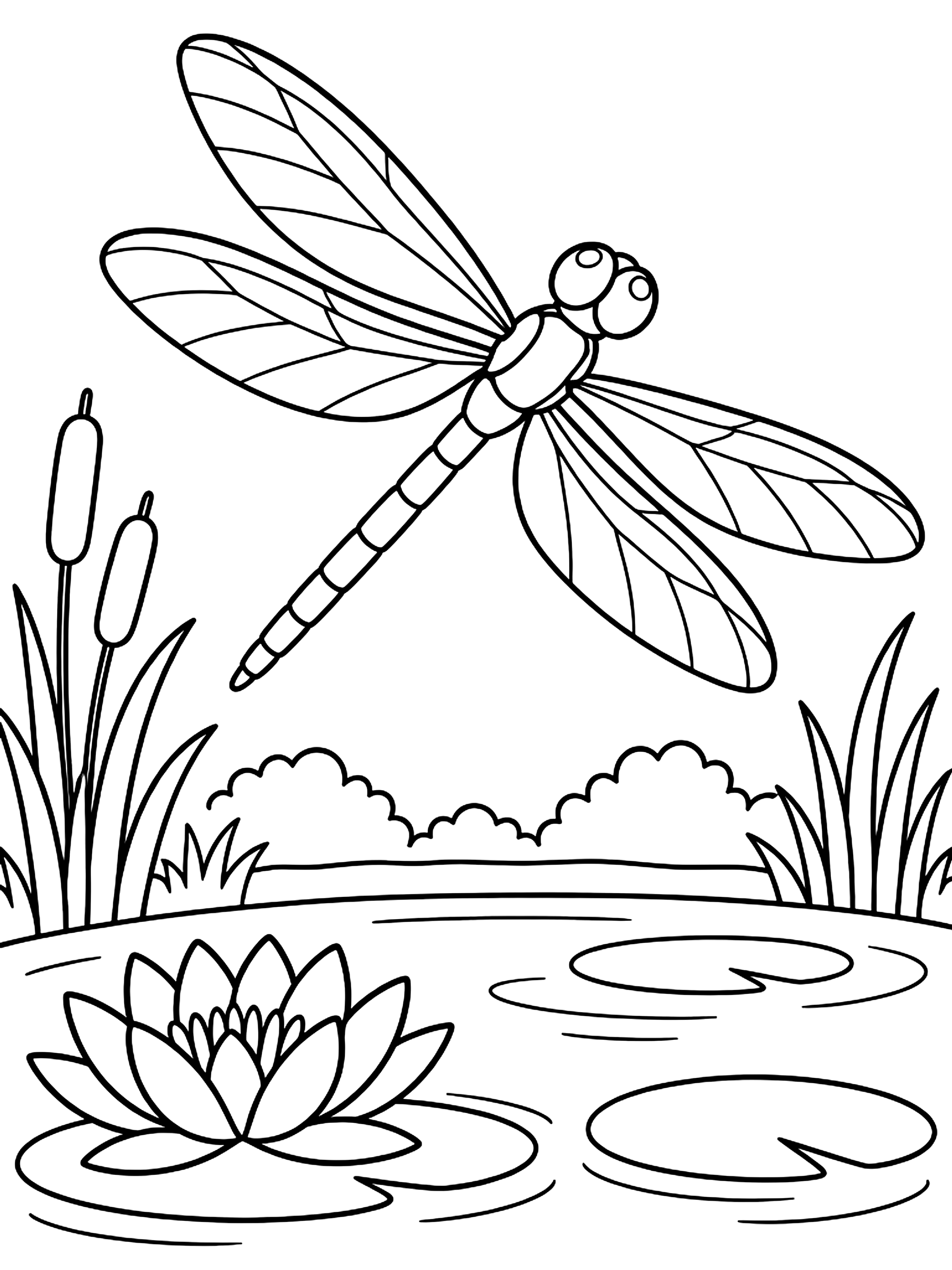 Dragonfly over a pond coloring page
