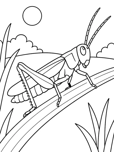 Grasshopper on a blade of grass coloring page