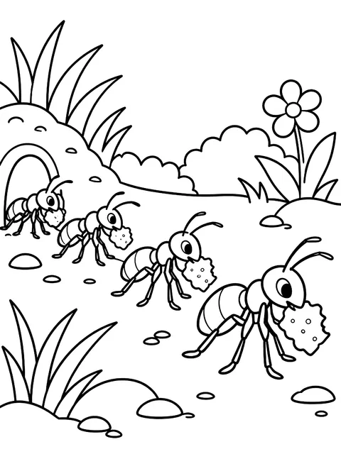 Line of ants carrying crumbs coloring page