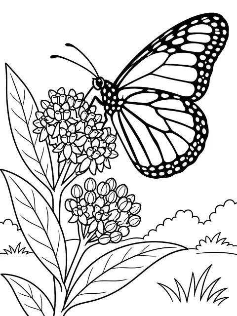 Monarch butterfly on milkweed coloring page