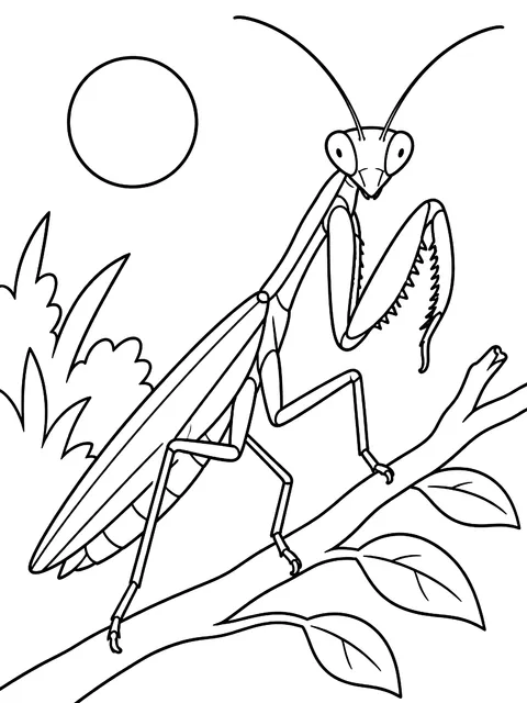 Praying mantis on a twig coloring page