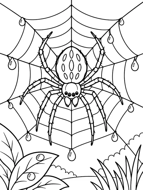 Spider in a web with dew drops coloring page