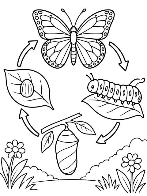 Butterfly life cycle with labels coloring page