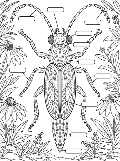 Detailed Insect body parts to label coloring page