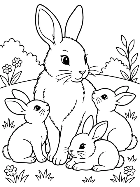 Mother rabbit with her kits coloring page