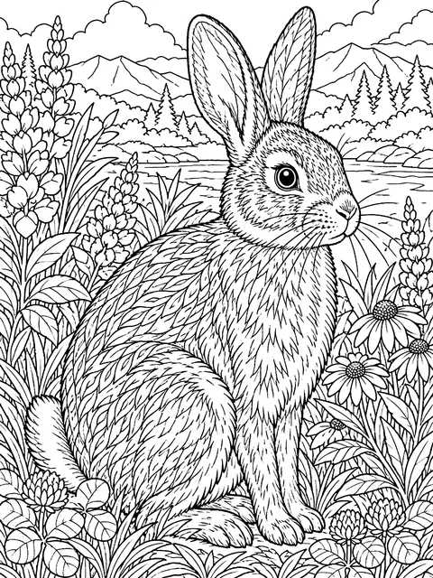 Detailed Realistic cottontail rabbit coloring page