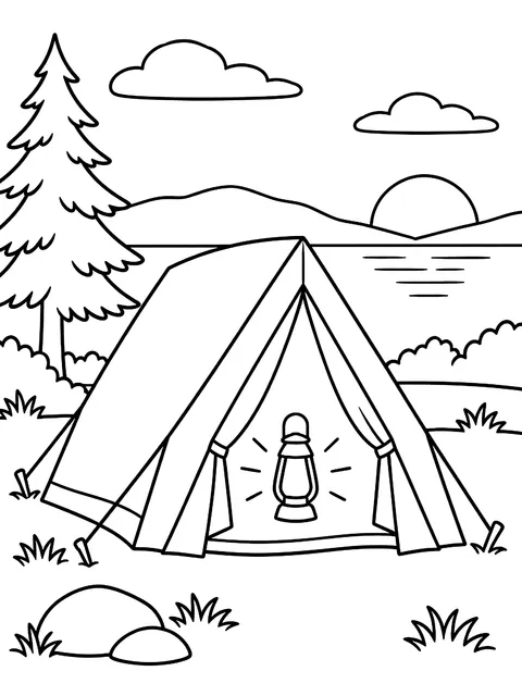 Tent glowing at dusk coloring page