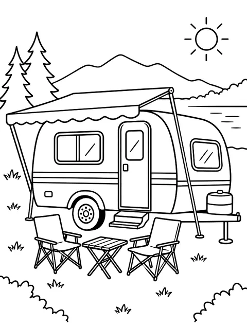 Trailer with an awning and chairs coloring page