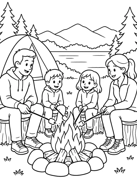 Family around the campfire coloring page
