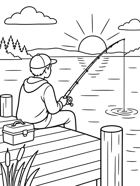 Fishing from a dock at sunrise coloring page