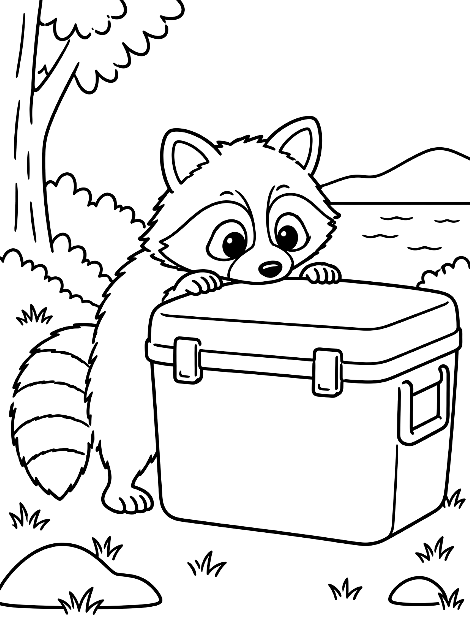 Raccoon peeking at a cooler coloring page