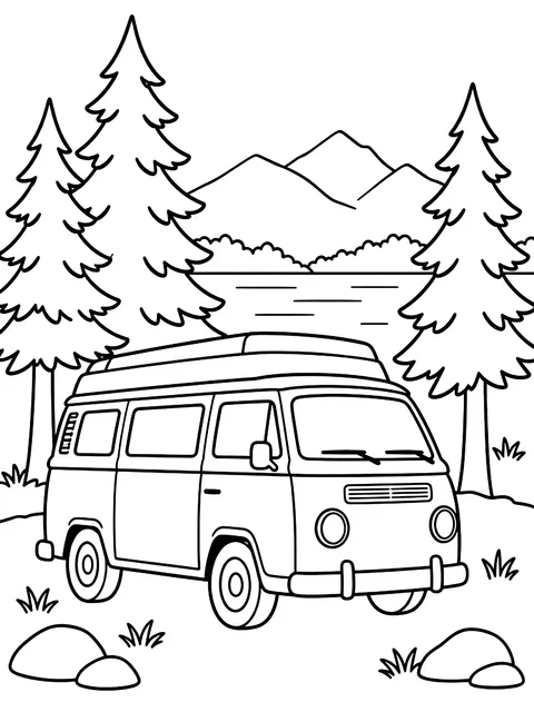 Camper van under pine trees coloring page