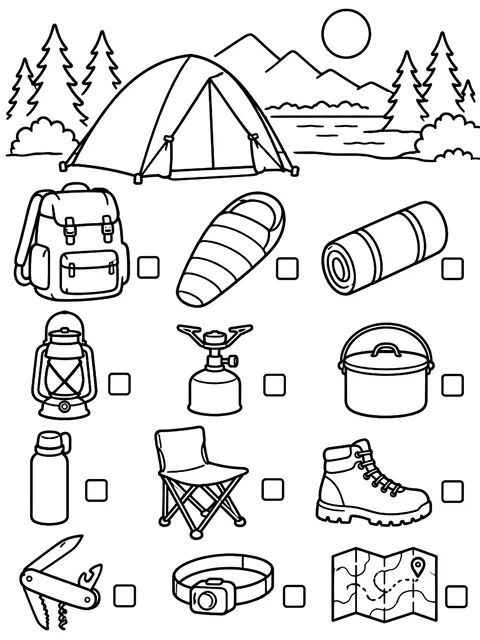 Camping gear checklist page coloring page