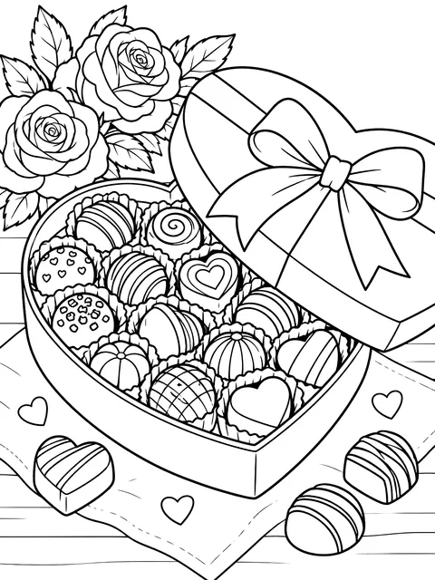 Heart-shaped box of chocolates coloring page