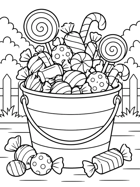 Bucket overflowing with candy coloring page