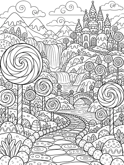 Detailed Imaginary landscape with lollipop trees coloring page