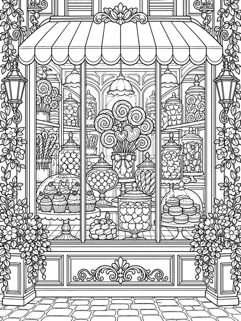 Detailed Candy store window display coloring page