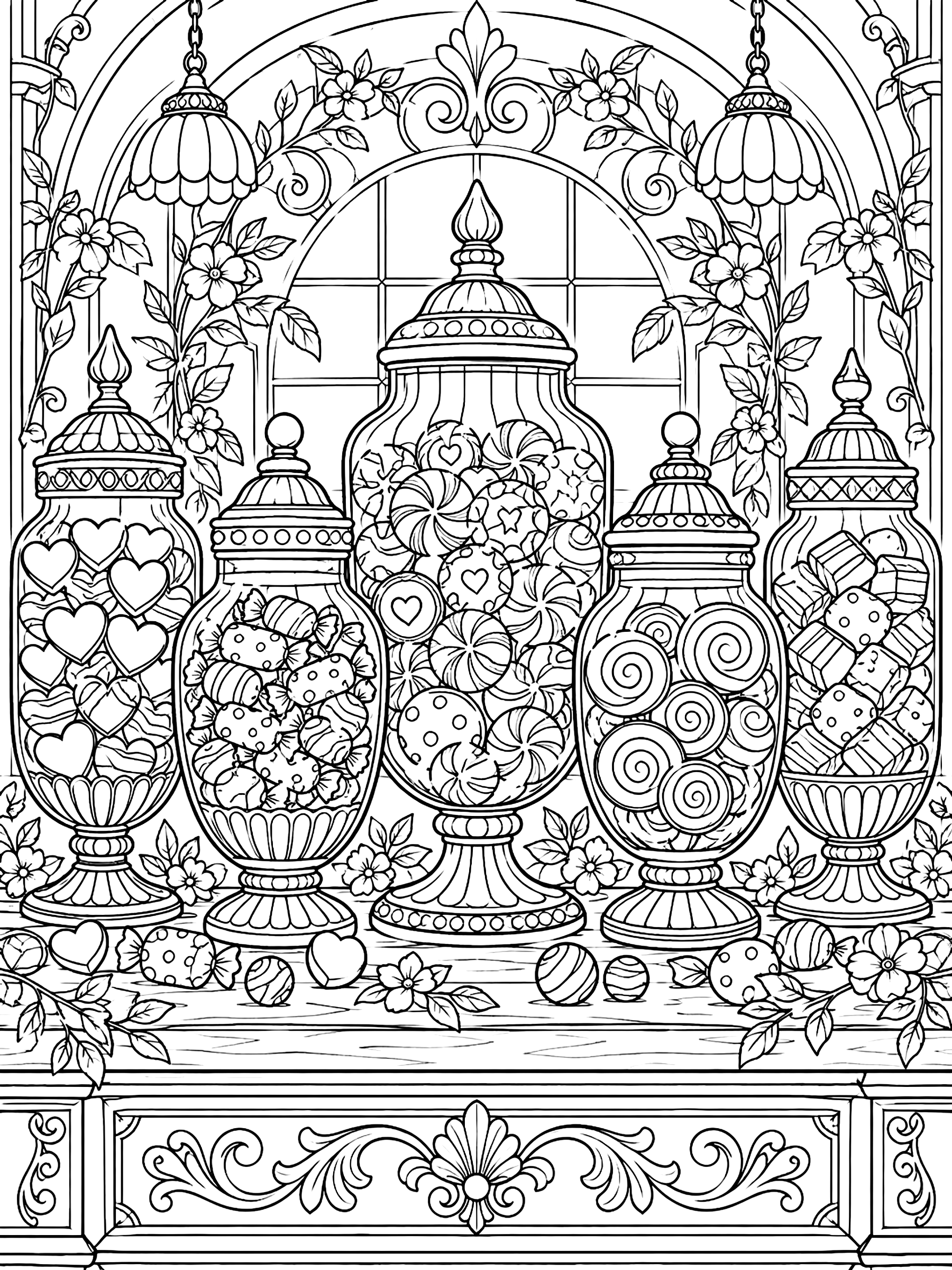 Detailed Row of five detailed candy jars coloring page