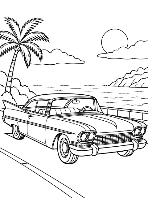 Classic car with tail fins coloring page