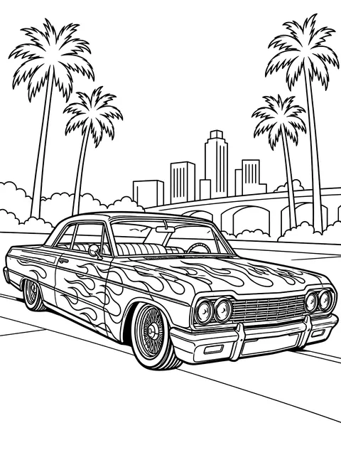 Lowrider with flame paint coloring page