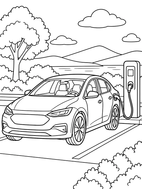 Electric car at a charging post coloring page