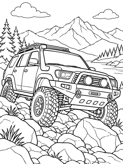Off-road 4x4 on a rocky trail coloring page