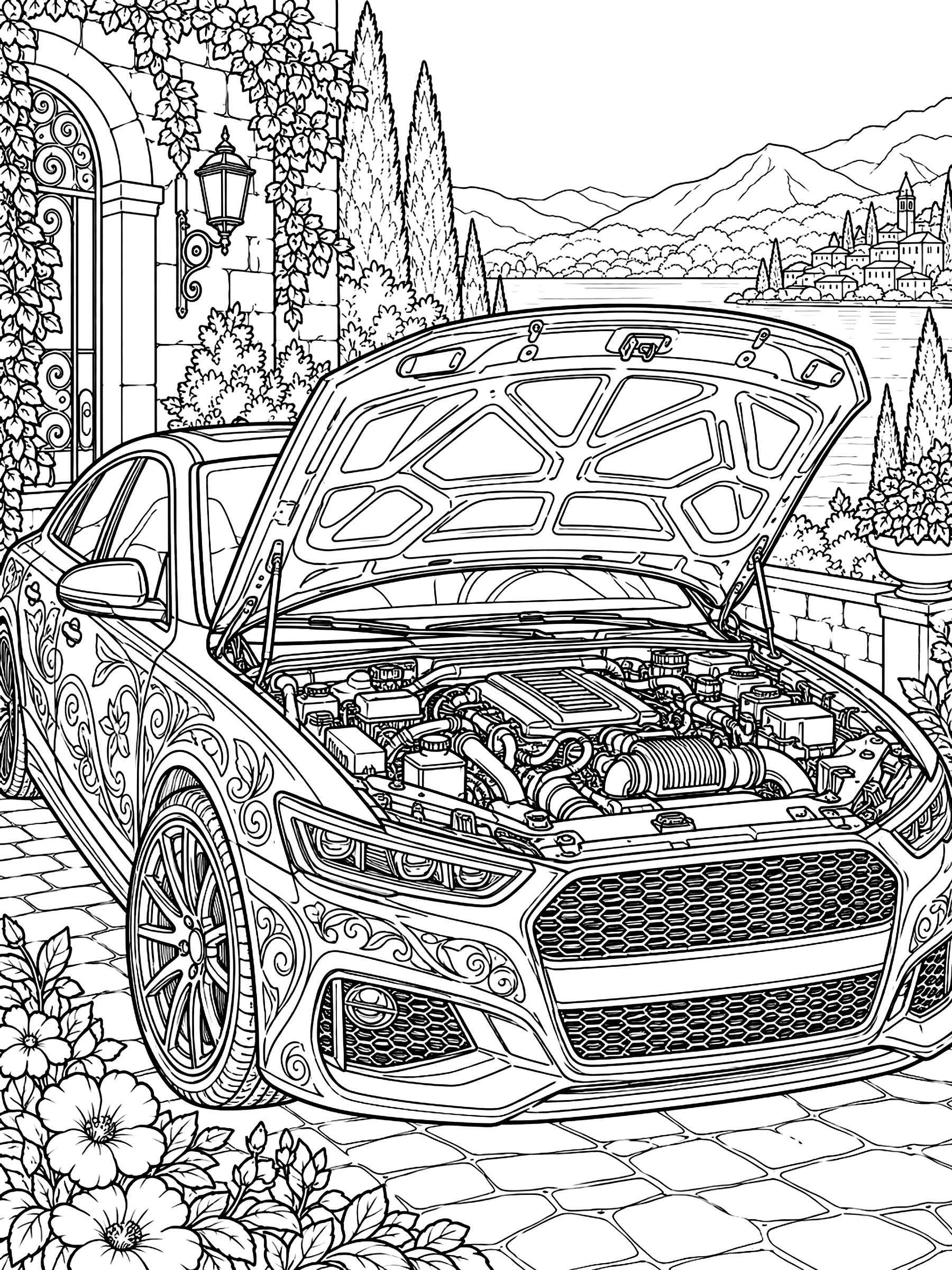 Detailed Car with the hood open showing the engine coloring page