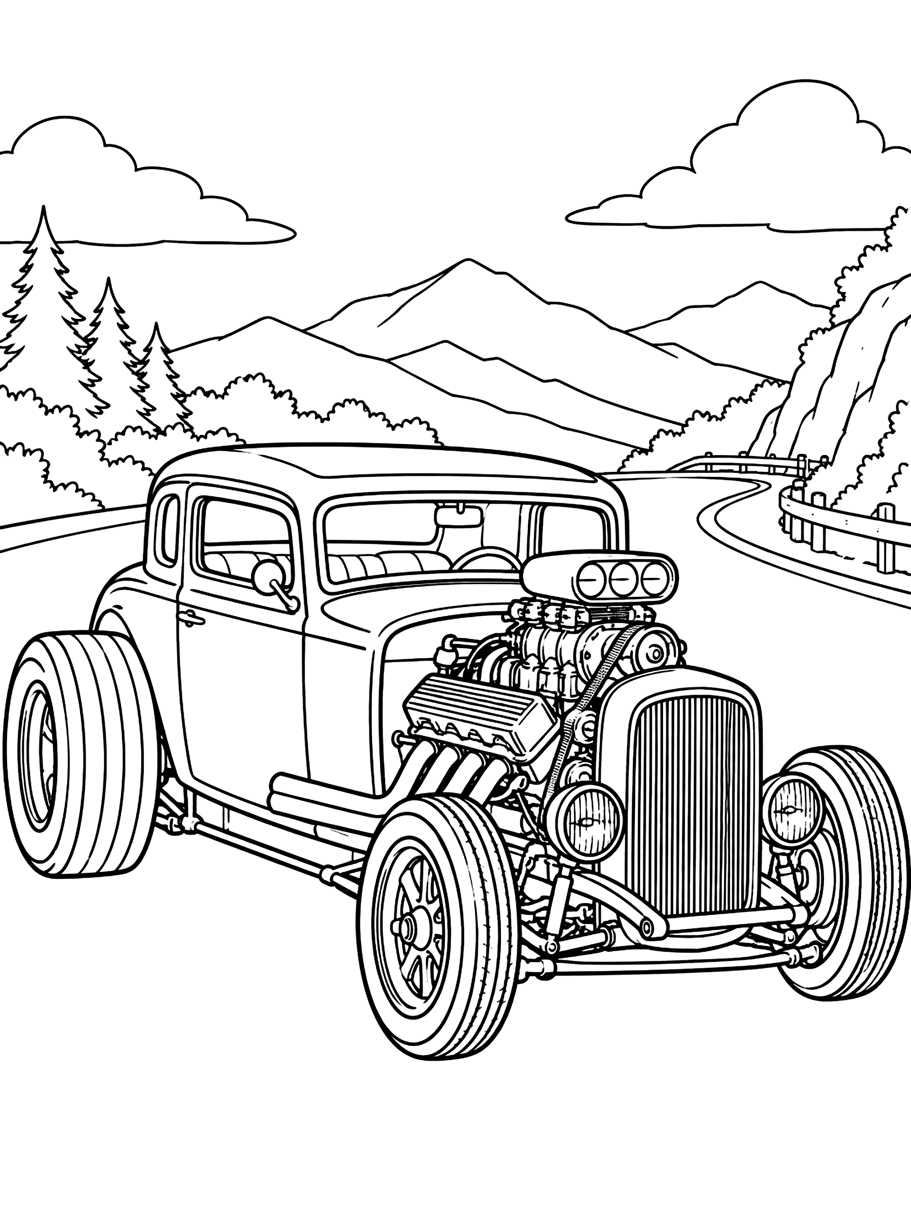 Hot rod with an exposed engine coloring page