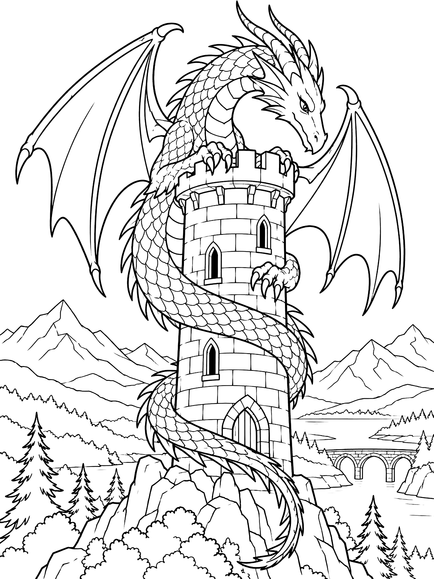 Dragon curled around a castle tower coloring page