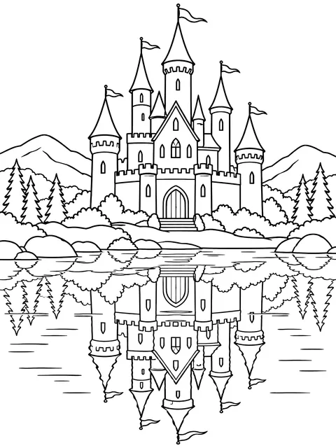 Castle reflected in a lake coloring page