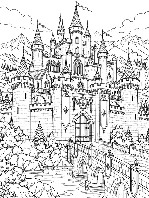 Detailed Detailed medieval castle with battlements coloring page
