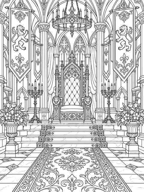 Detailed Throne room with banners coloring page