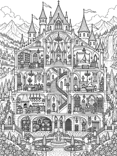 Detailed Castle cutaway showing the rooms inside coloring page