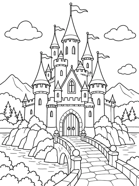 Fairy tale castle with tall towers coloring page