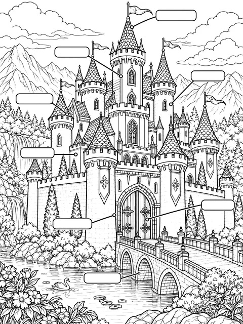 Detailed Castle with blank labels for the parts coloring page